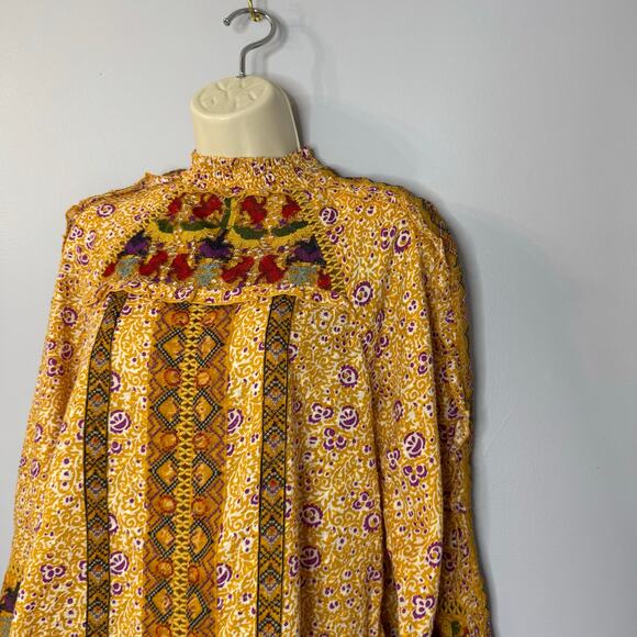 Maeve Anthropologie Goldie Embroidered Blouse Gold Yellow Floral Ruffled Sz 4 - Picture 9 of 14
